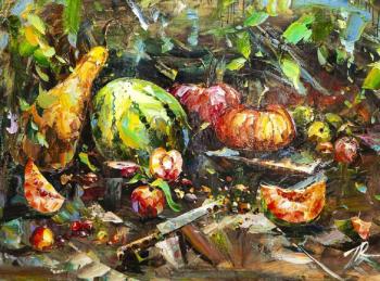 A Bountiful Harvest. Still Life with Watermelon, Pumpkin, Apples and Peaches (Painting With Apples). Rodries Jose