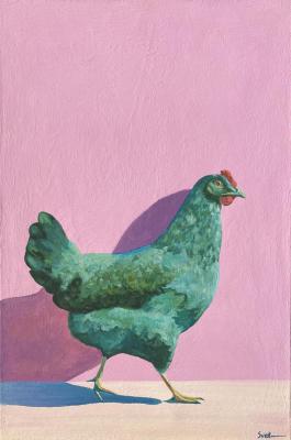 Green chicken on pink. Evseeva Svetlana