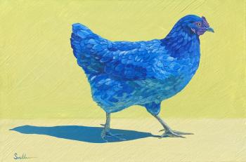 Blue chicken on yellow. Evseeva Svetlana