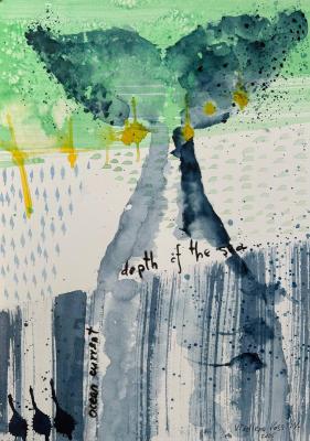 Original abstract art. Green, blue, yellow, words. Dudchak Vladlena