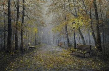 Autumn landscape with lanterns and benches
