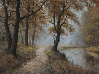 Autumn landscape with fog, a path and a river