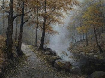 Autumn landscape with a path, fog and rocks