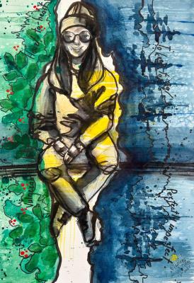 Original Abstract Art People. Green, blue, yellow, words and phrases. Dudchak Vladlena