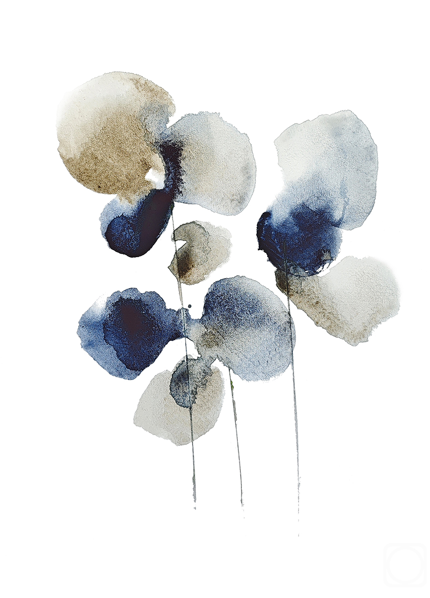 Solovyanova Tatyana. Abstract Orchid Art Blue Minimalist Watercolor Painting