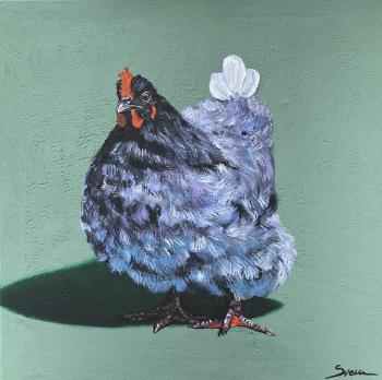 Grey blue purple chicken on a misty green. Evseeva Svetlana