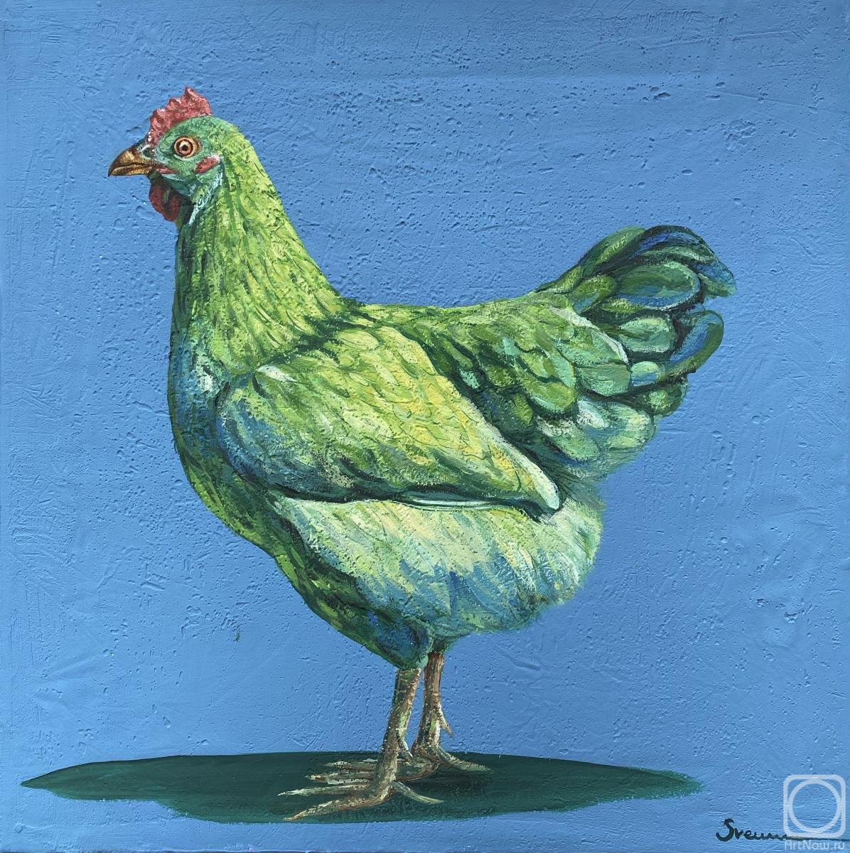 Evseeva Svetlana. Green Chicken on a Dusty Blue