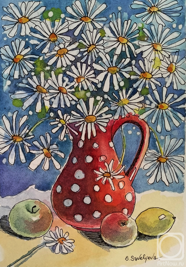 Savelyeva Elena. Daisies in a red jug