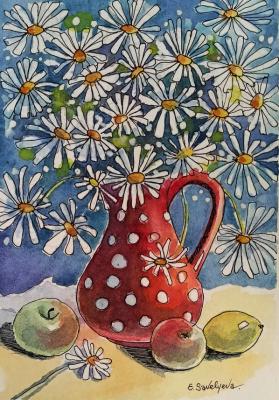 Daisies in a red jug. Savelyeva Elena