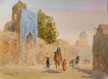 A street with a camel and a mosque