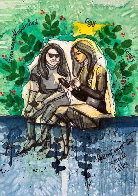 Original Abstract Art People. Green, blue, yellow, words and phrases. ������ ��������