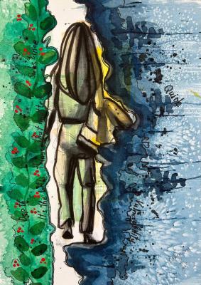 Original Abstract Art People. Green, blue, yellow, words and phrases. ������ ��������