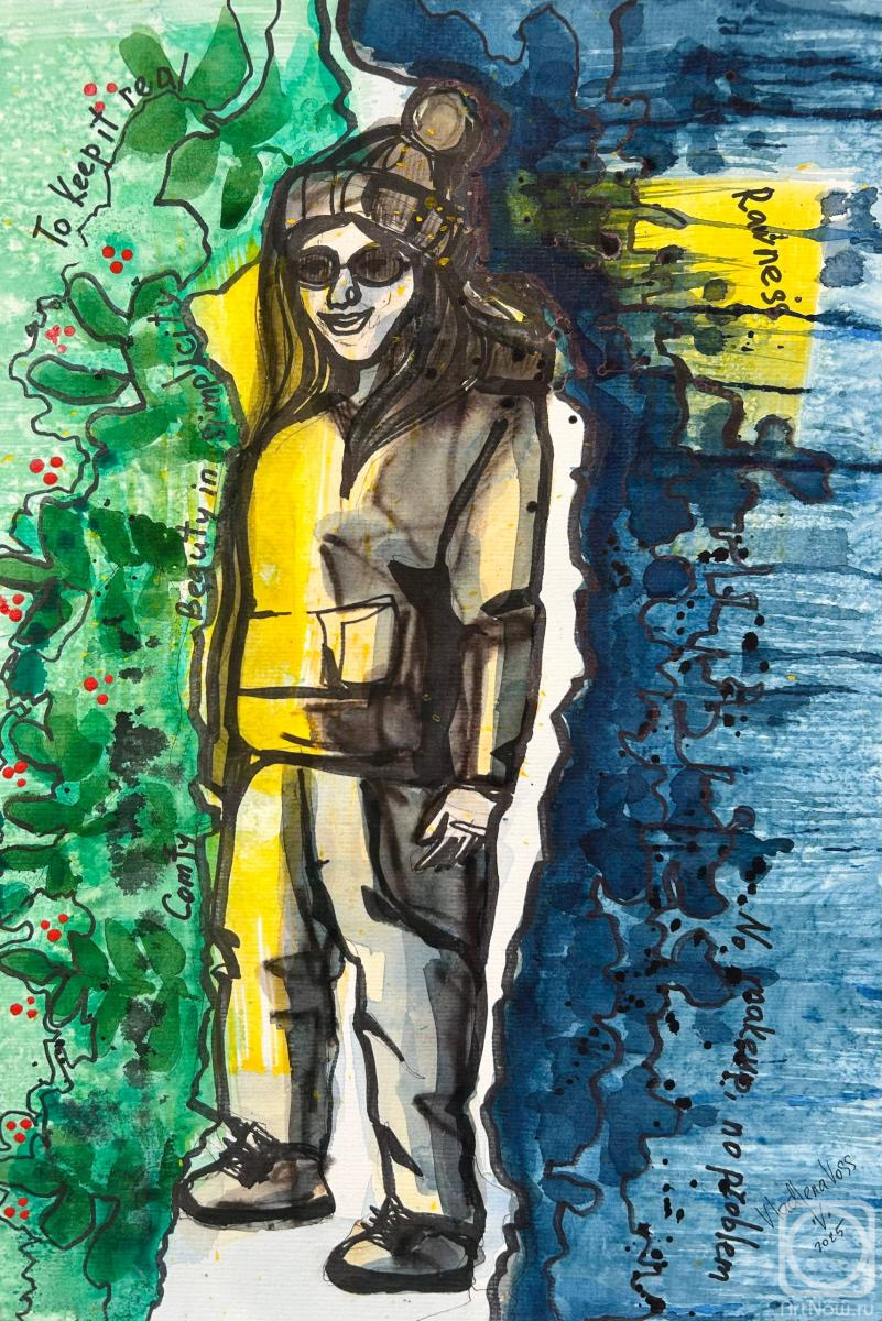 Dudchak Vladlena. Original Abstract Art People. Green, blue, yellow, words and phrases