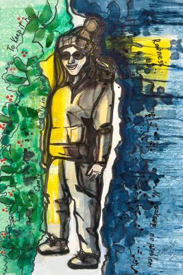 Original Abstract Art People. Green, blue, yellow, words and phrases. Dudchak Vladlena