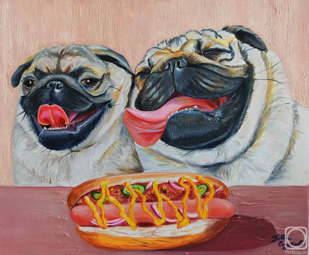Kirillova Juliette. Two pugdogs enjoying a hotdog