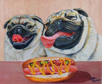 Two pugdogs enjoying a hotdog (Naive Art Painting). Kirillova Juliette