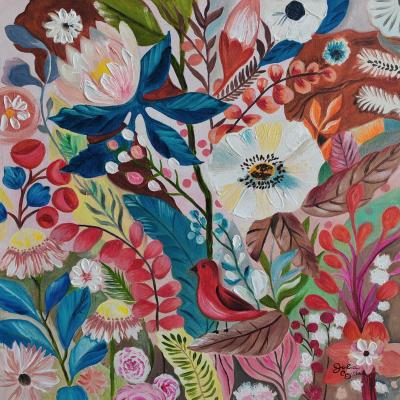 Red bird. Boho style flowers (Floral Pattern Art). Kirillova Juliette