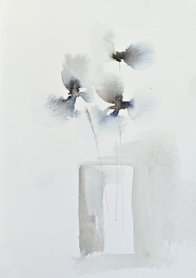 Three Orchids Minimalist Watercolor Painting Gray Blue Transparent. Solovyanova Tatyana
