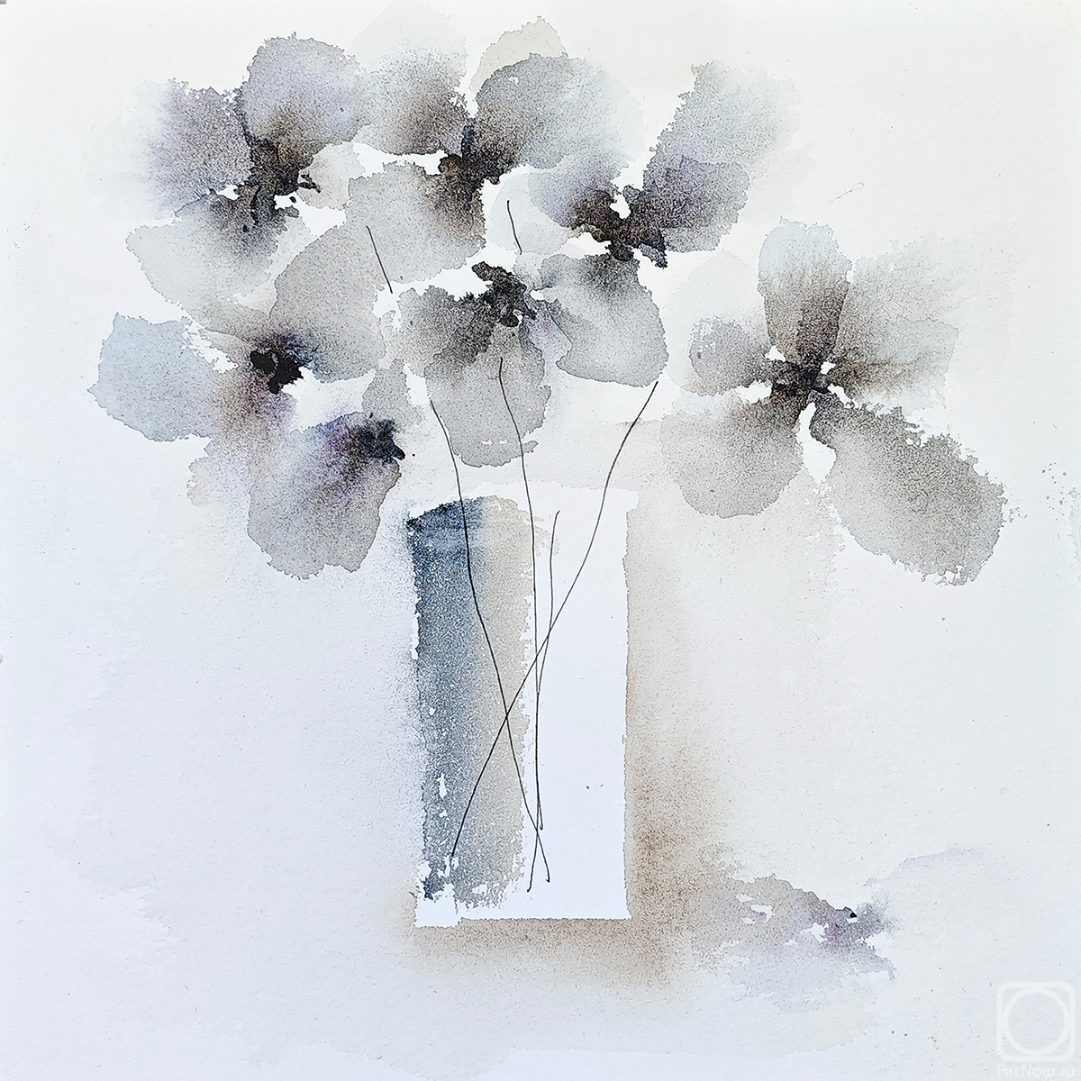 Solovyanova Tatyana. Square Orchid Bouquet Watercolor Painting Gray Blue Minimalist