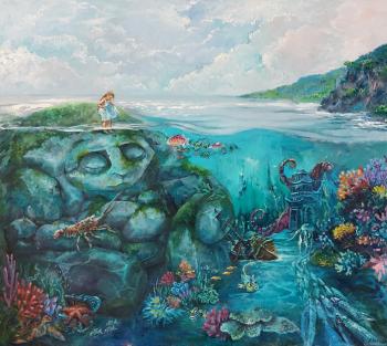 Magical Seascape Oil Painting with girl and Coral Reefs (Underwater Fantasy Art). Movchan Evgeniya