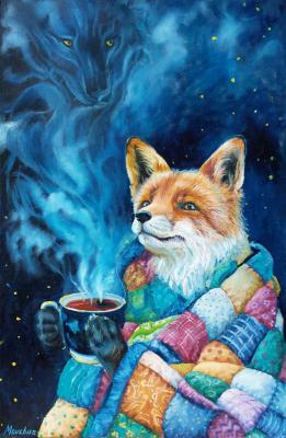 Fantasy Fox with Tea Under Starry Sky (Meditation Room Decor). Movchan Evgeniya