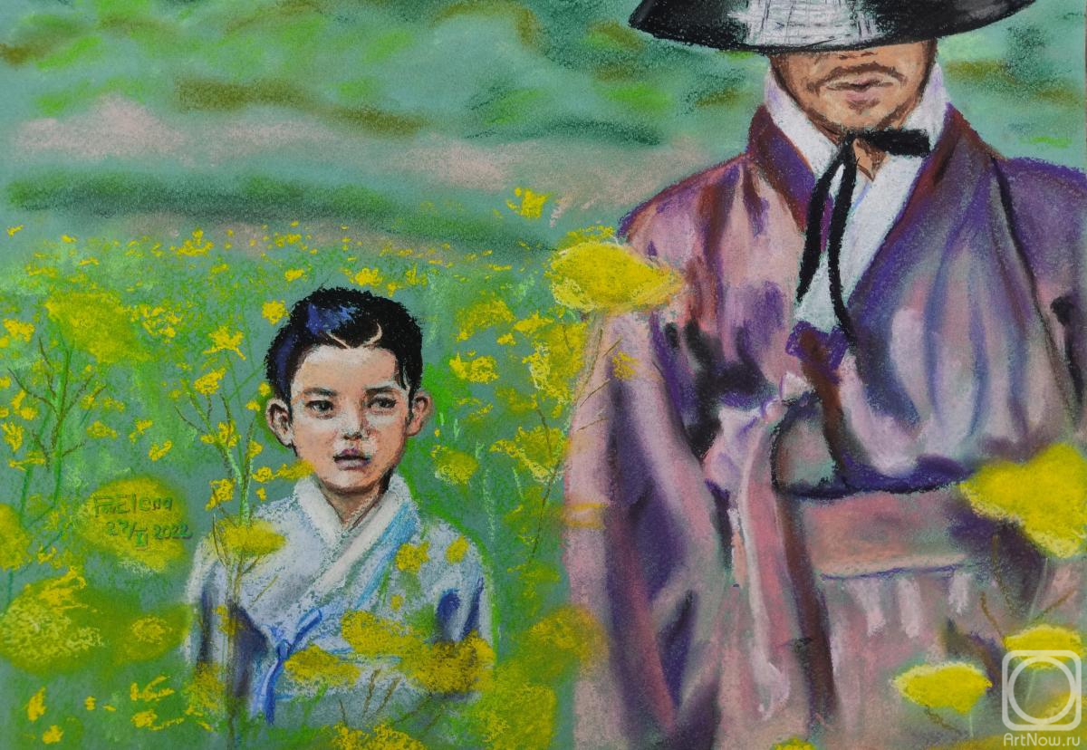 Povolokina Elena. A little girl walks among yellow flowers on the way