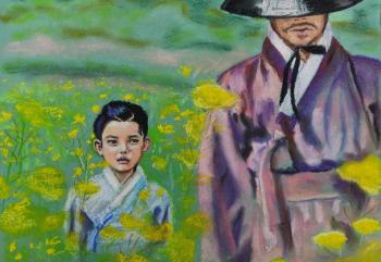 A little girl walks among yellow flowers on the way. Povolokina Elena