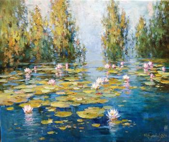 Lilies on dark water (Water Lilies In A Pond). Obukhovskiy Yuriy