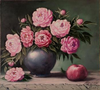 Peonies and an apple