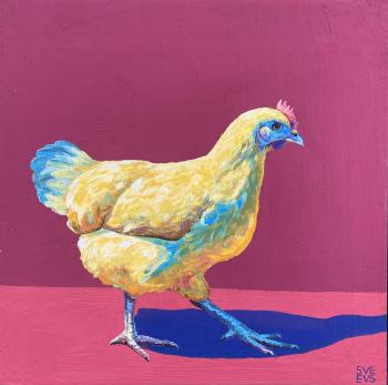 Yellow Chicken on Burgundy. Evseeva Svetlana