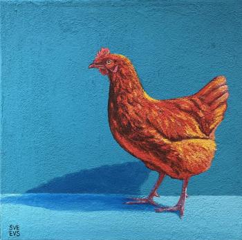Red chicken on a blue. Evseeva Svetlana