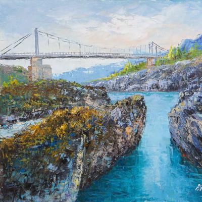 Admiring the turquoise Katun River. Altai. Orokto Bridge. Vlodarchik Andjei