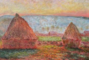 A copy of Claude Monet's painting "Haystacks at Giverny, sunset", 1888-1889