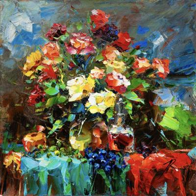 The Flemish heritage. Still life with a bouquet of roses, grapes, apples and wine. Rodries Jose