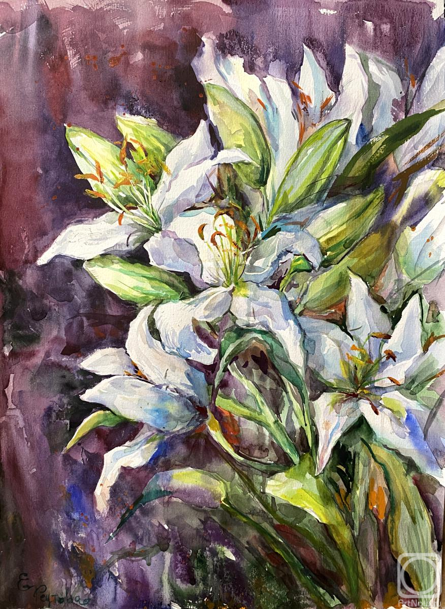 Reutova Elena. White lilies on a dark background