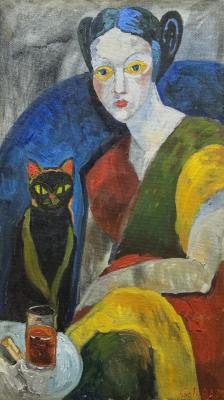 Elegant Woman with Black Cat (Canvas Oil Painting 40X70). Golub Anna