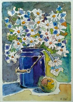 Daisies in a blue can. Savelyeva Elena
