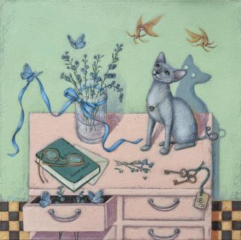 Whimsical Cat with Golden Fish � Surreal Acrylic Painting on Canvas. Usenko Elena