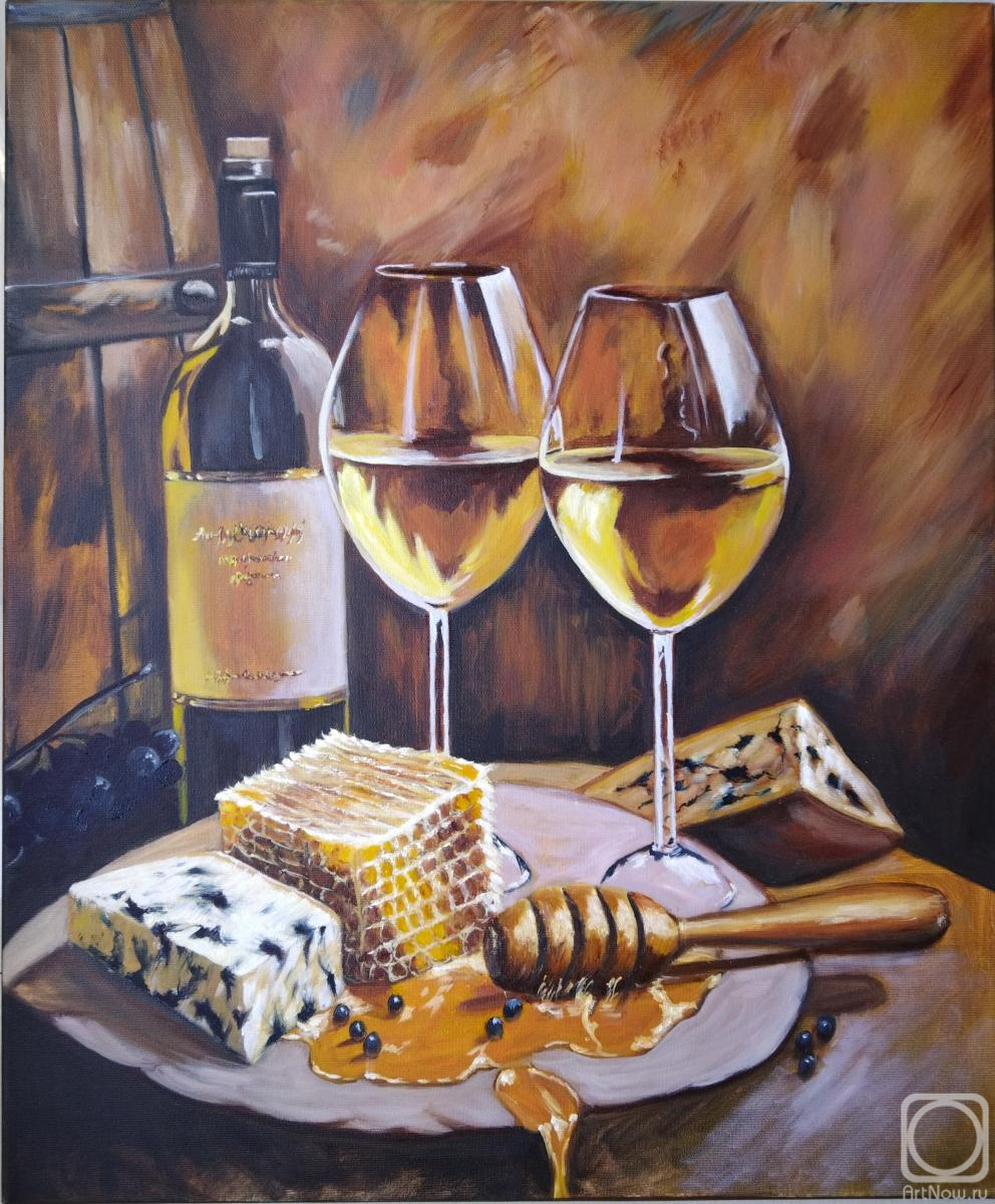 Mironova Margarita. Oil painting Still Life with Cheese and Wine