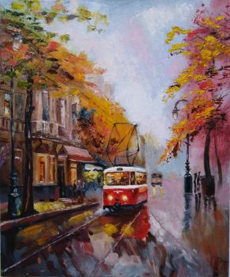 Oil painting Autumn Tram