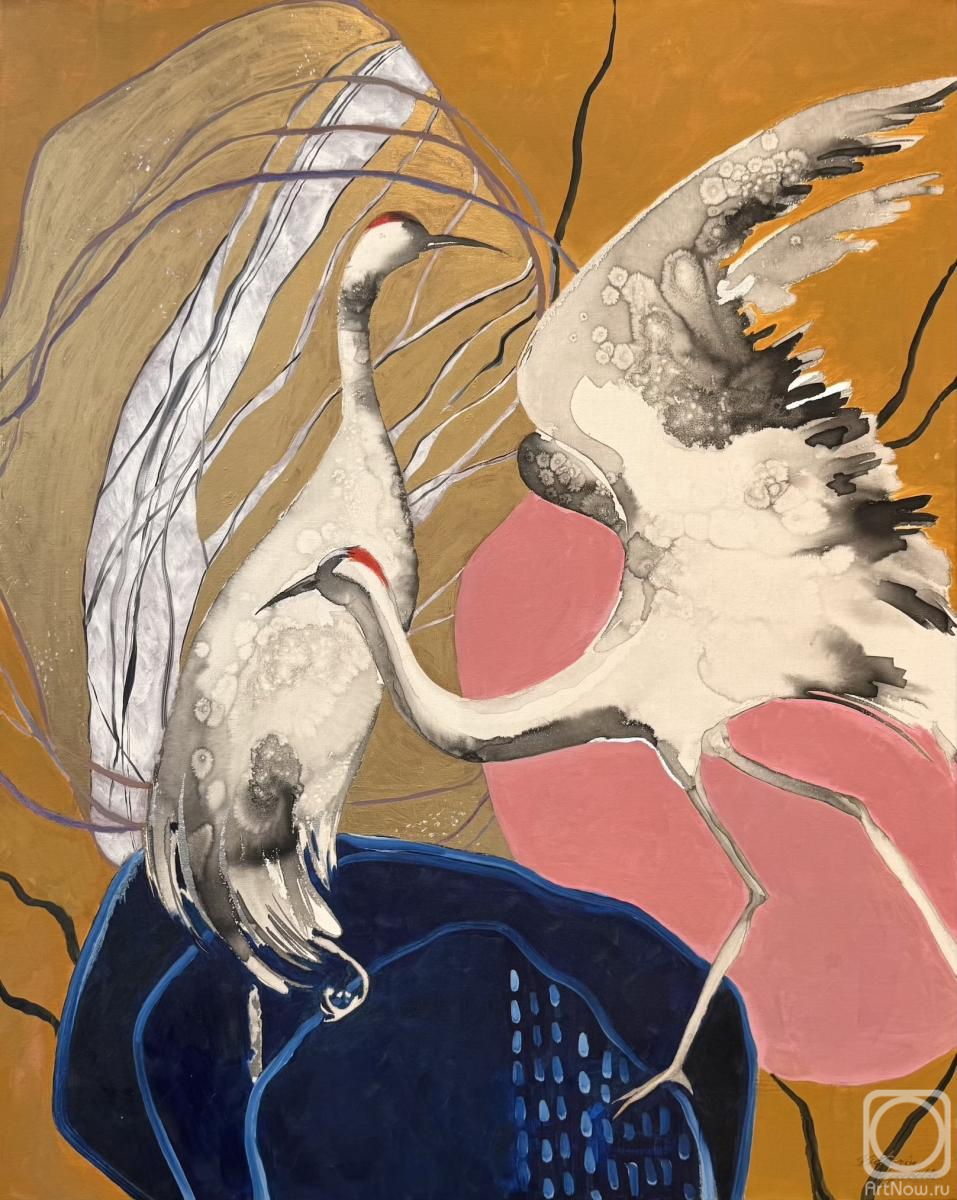 Lyubel Viktoriya. Cranes over the water - gold, blue, pink abstract