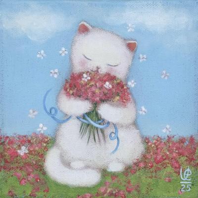 White Kitten with Pink Flowers � Cute Cat Art. Usenko Elena