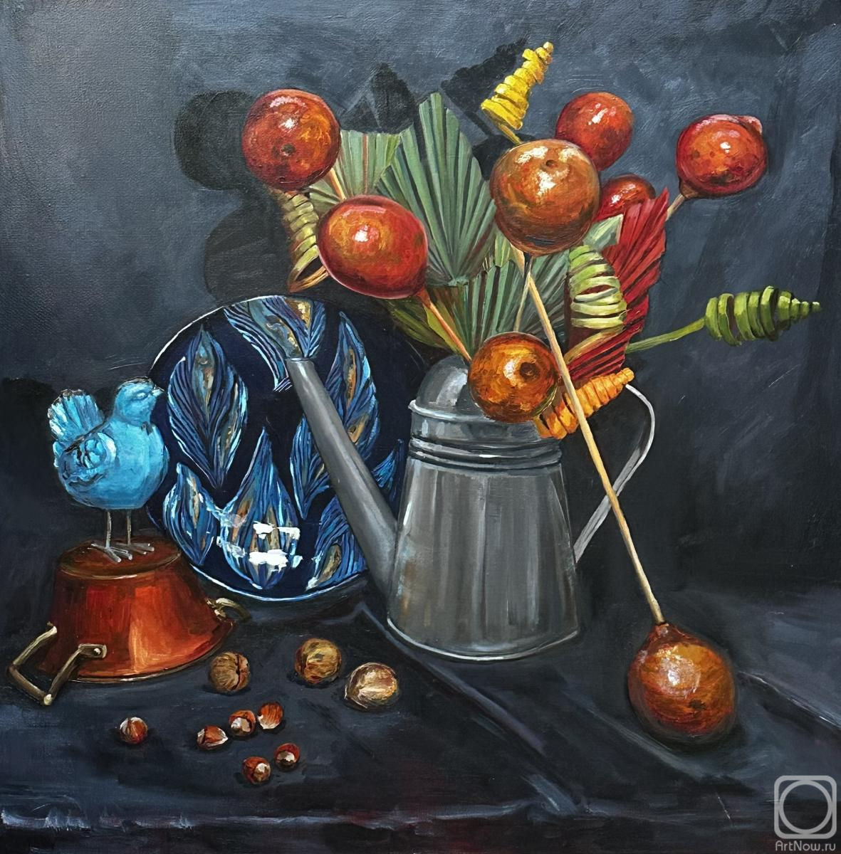 Malyutina Yuliya. Still life with a blue bird and a metal watering can