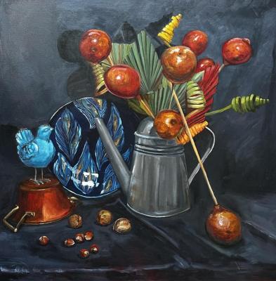 Still life with a blue bird and a metal watering can. Malyutina Yuliya