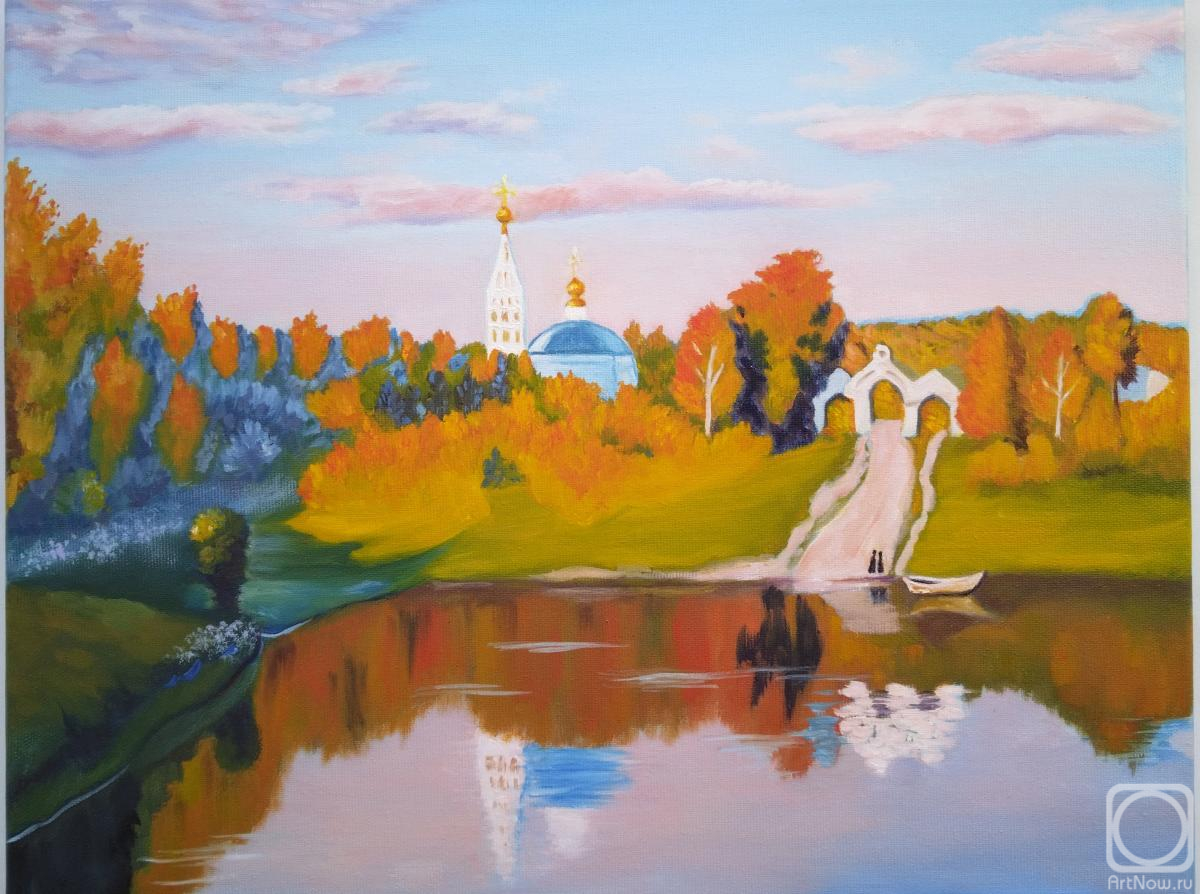 Mironova Margarita. Oil painting of a summer landscape with a church