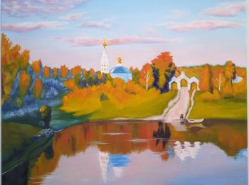 Oil painting of a summer landscape with a church