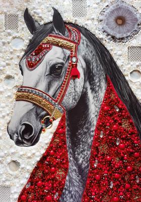 White horse in a red scarf. Pearls and red coral artwork (Folklore). Bast Irina