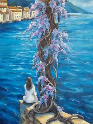 Girl and dog under wisteria by the sea. Kupriyanova Irina