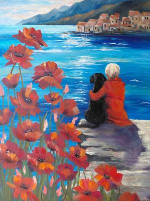 Girl with a dog among poppies by the sea