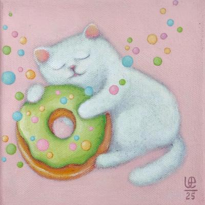 White Kitten With Green Donut � Cute Acrylic Painting. Usenko Elena